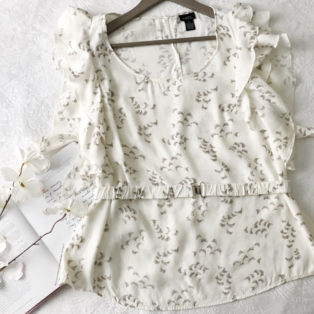 NWOT Ruffle Sleeve + Belted Blouse - Picture 2 of 8